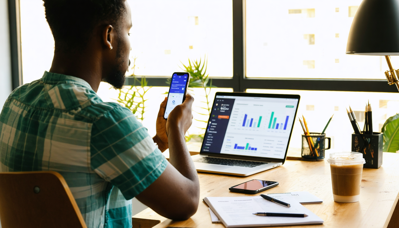 Freelancer reviewing bank transactions on phone at Lagos co-working space desk