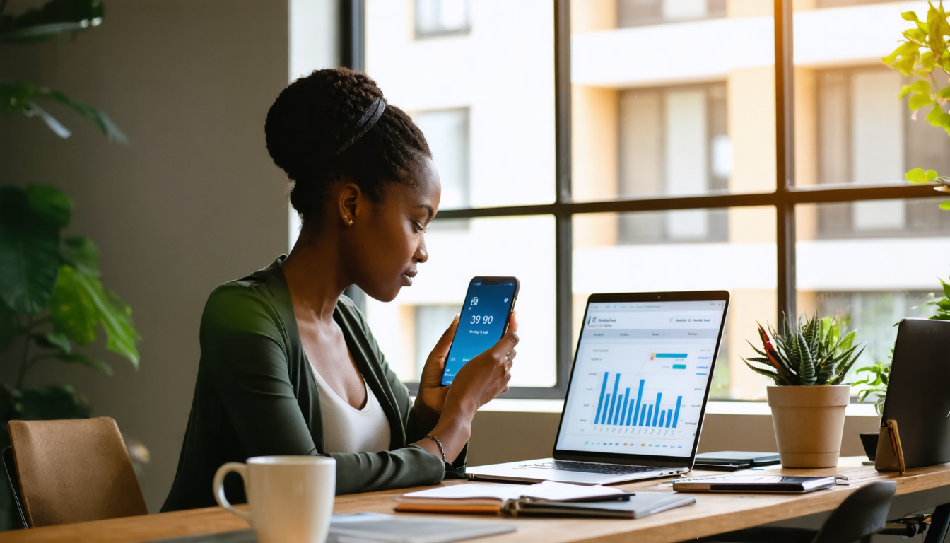 Woman in Nairobi co-working space reviewing dollar balance on smartphone
