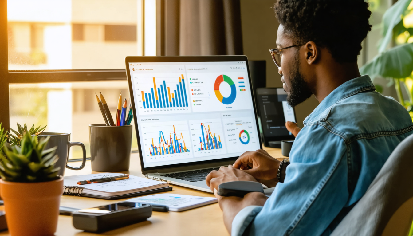 Freelancer checking FX rates on phone and laptop in bright Lagos office space