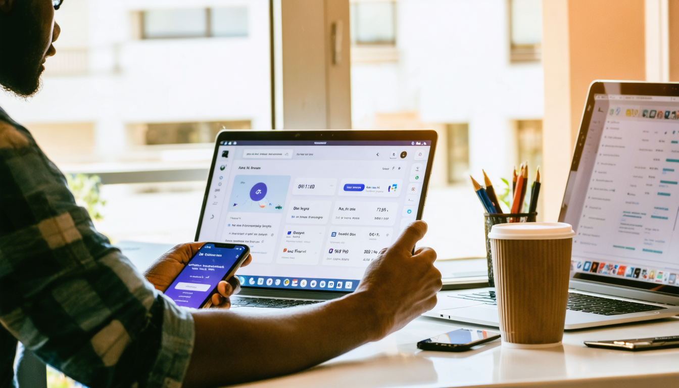 Freelancer at co-working desk pausing to verify a transfer on their phone, laptop banking dashboard visible