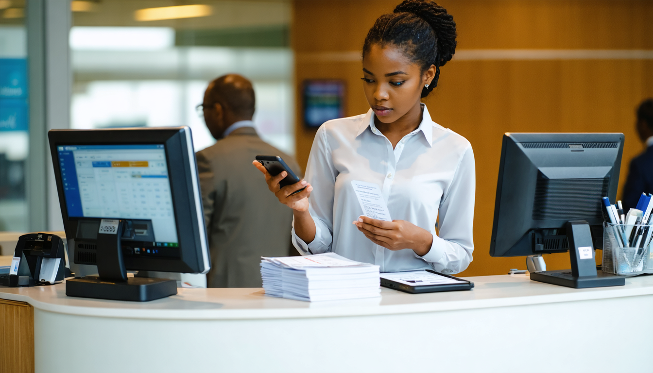 Woman at a bank counter discussing a USD withdrawal with a teller, holding documents and phone