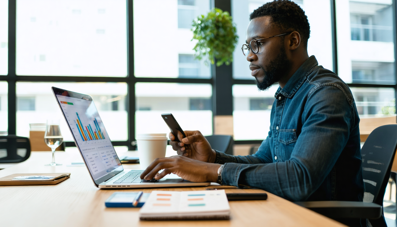 Freelancer in Lagos co-working space checking dollar rates on phone and laptop