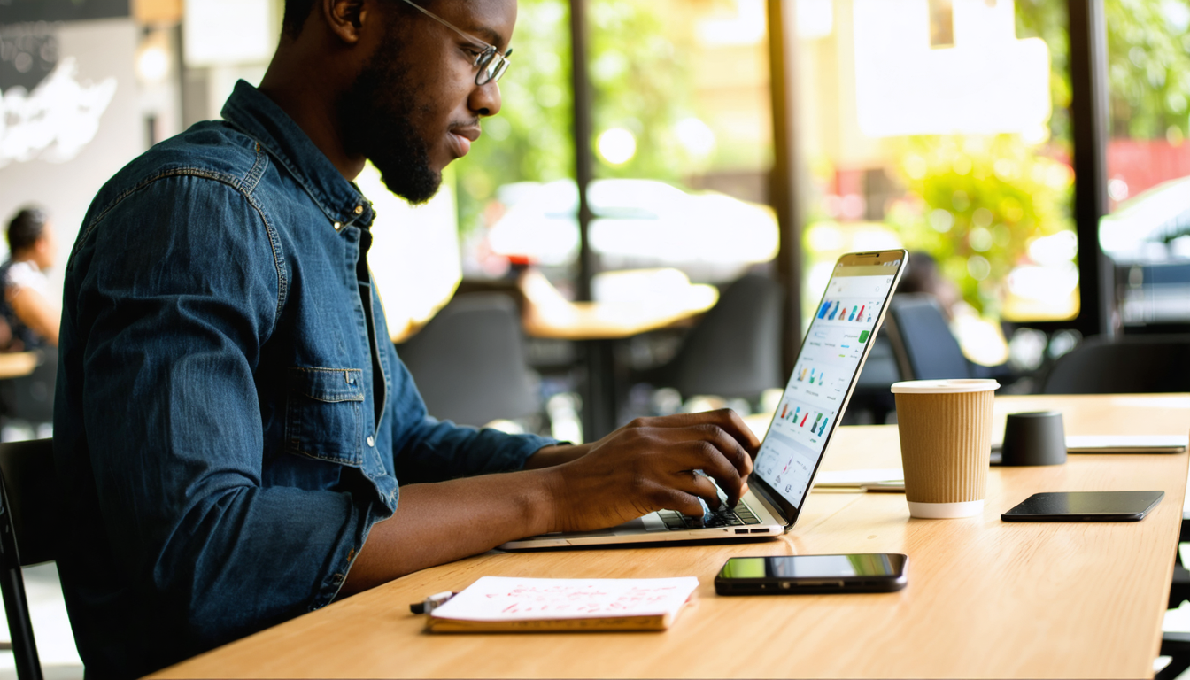 Freelancer reviewing fintech options on phone at Lagos co-working desk