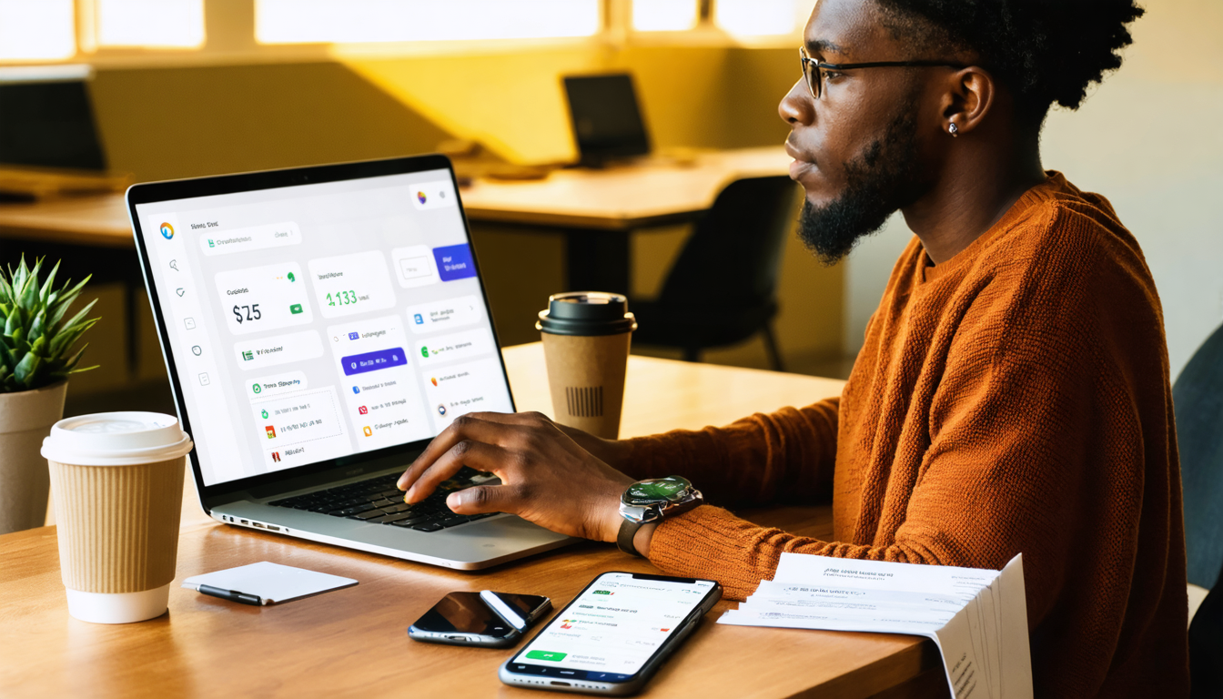 Freelancer reviewing fintech dashboard and banking app at a Lagos co-working desk in afternoon light