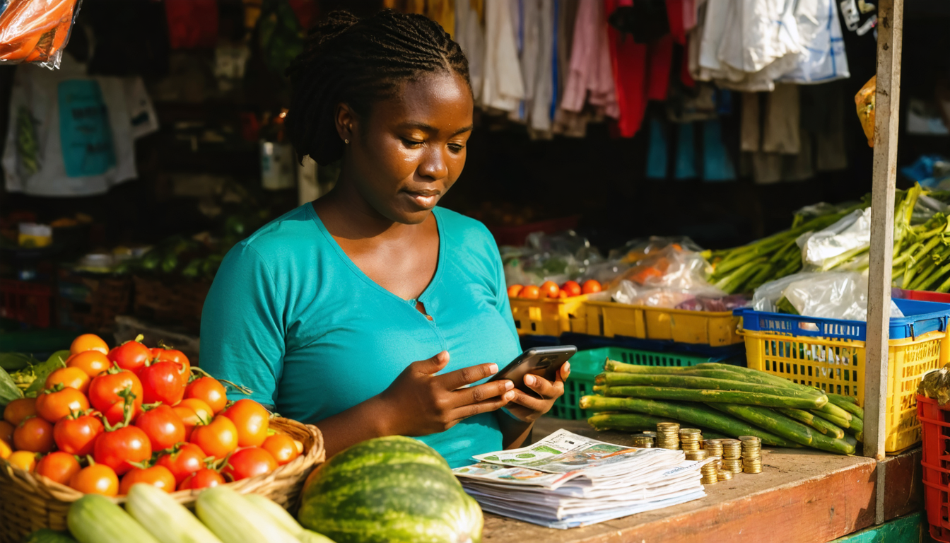 Woman in Lagos market checking her phone for account information in afternoon light