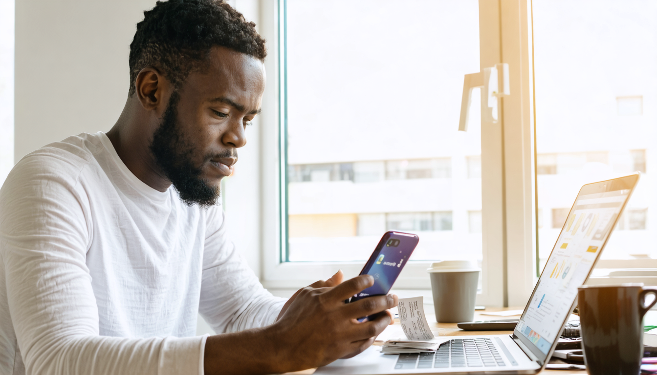 Freelancer reviewing banking fees on phone at Lagos co-working desk