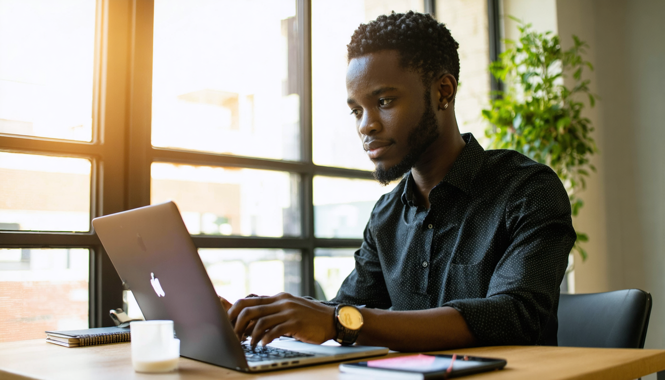 Freelancer verifying identity on banking app at Lagos co-working space