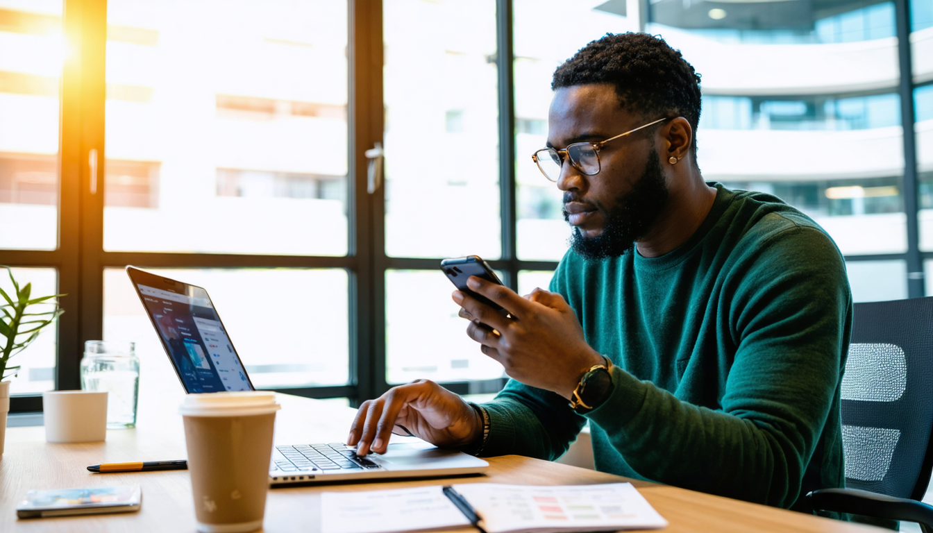 Freelancer reviewing banking app on phone at co-working desk with invoices and coffee nearby