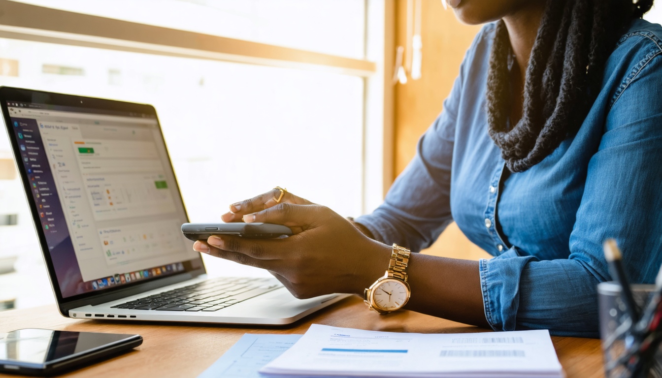 Freelancer reviewing a dollar transfer on smartphone at a bright desk with laptop and invoice notes nearby