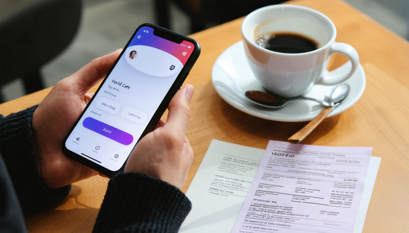 Hands holding a phone showing a refund on a virtual dollar card at a cafe.