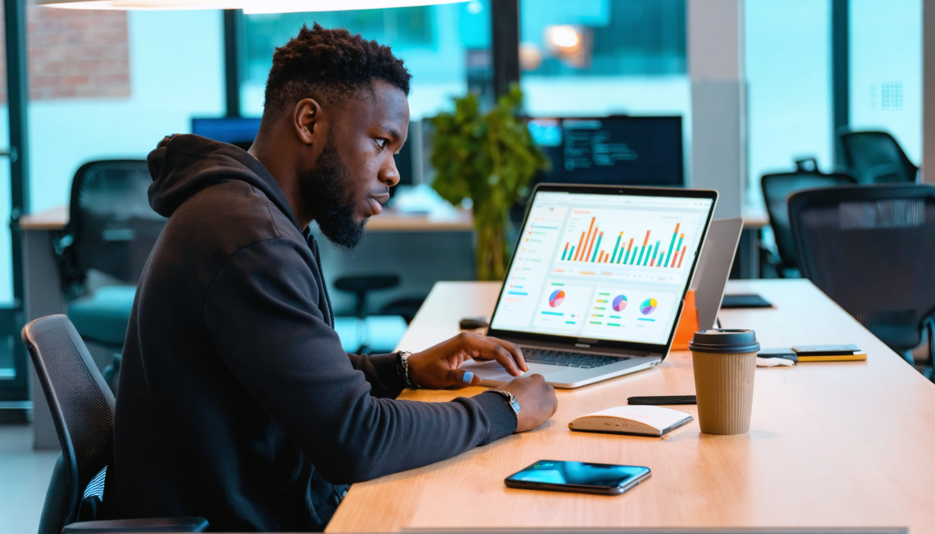 A freelancer in a Lagos co-working space reviewing payment options on their laptop and phone.
