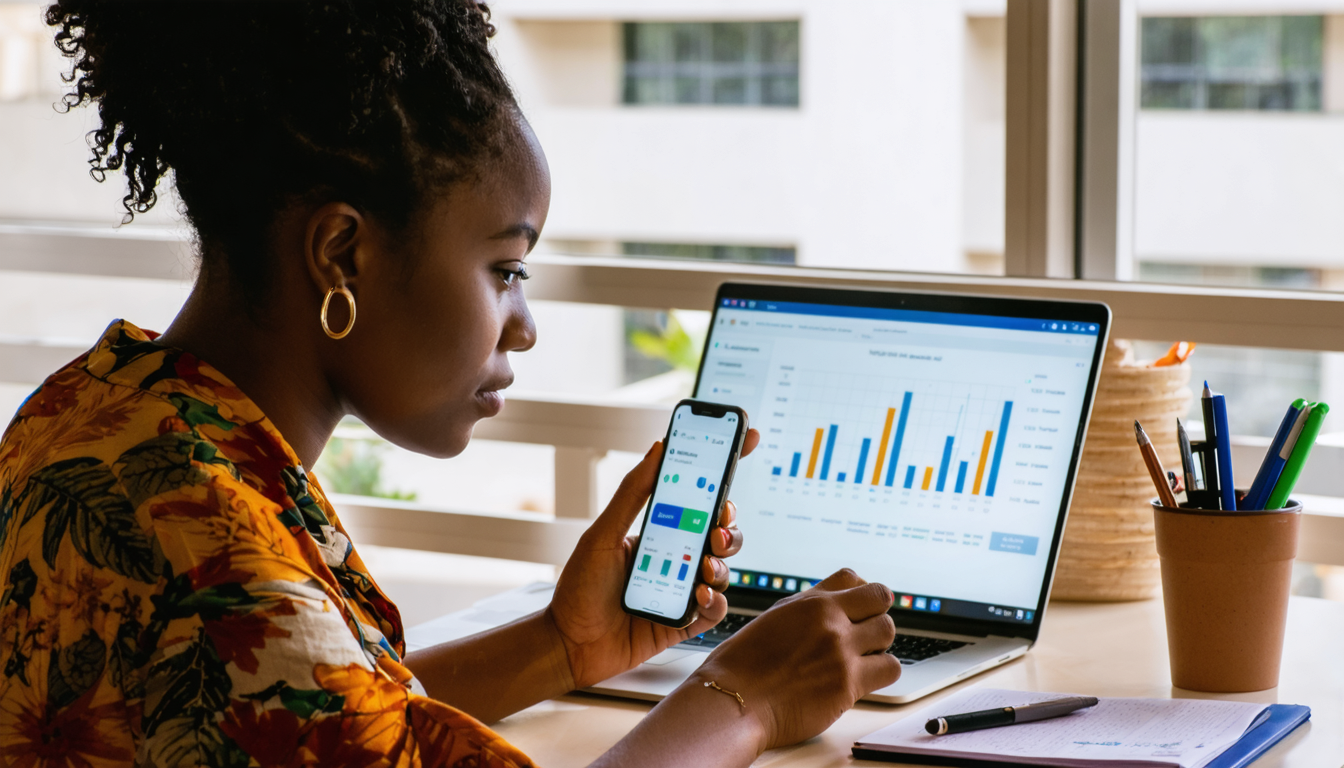 Freelancer reviewing financial data on phone at Lagos co-working desk during afternoon light