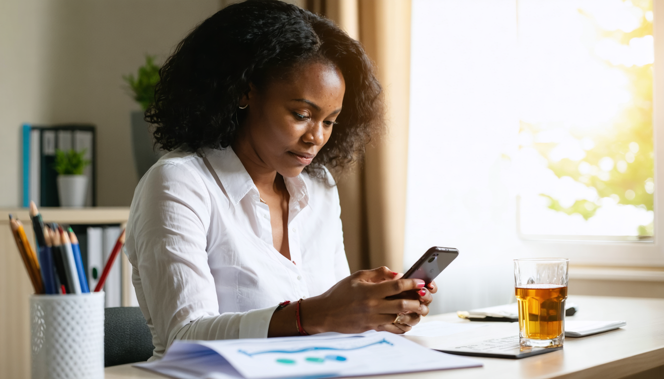 Woman reviewing dollar balance on phone while contemplating education and healthcare expenses abroad