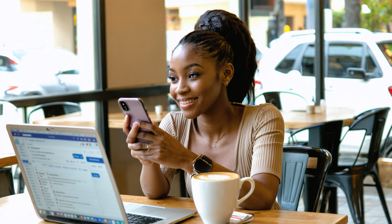 Woman at Lagos cafe reviewing phone with debit card on table, planning international purchase