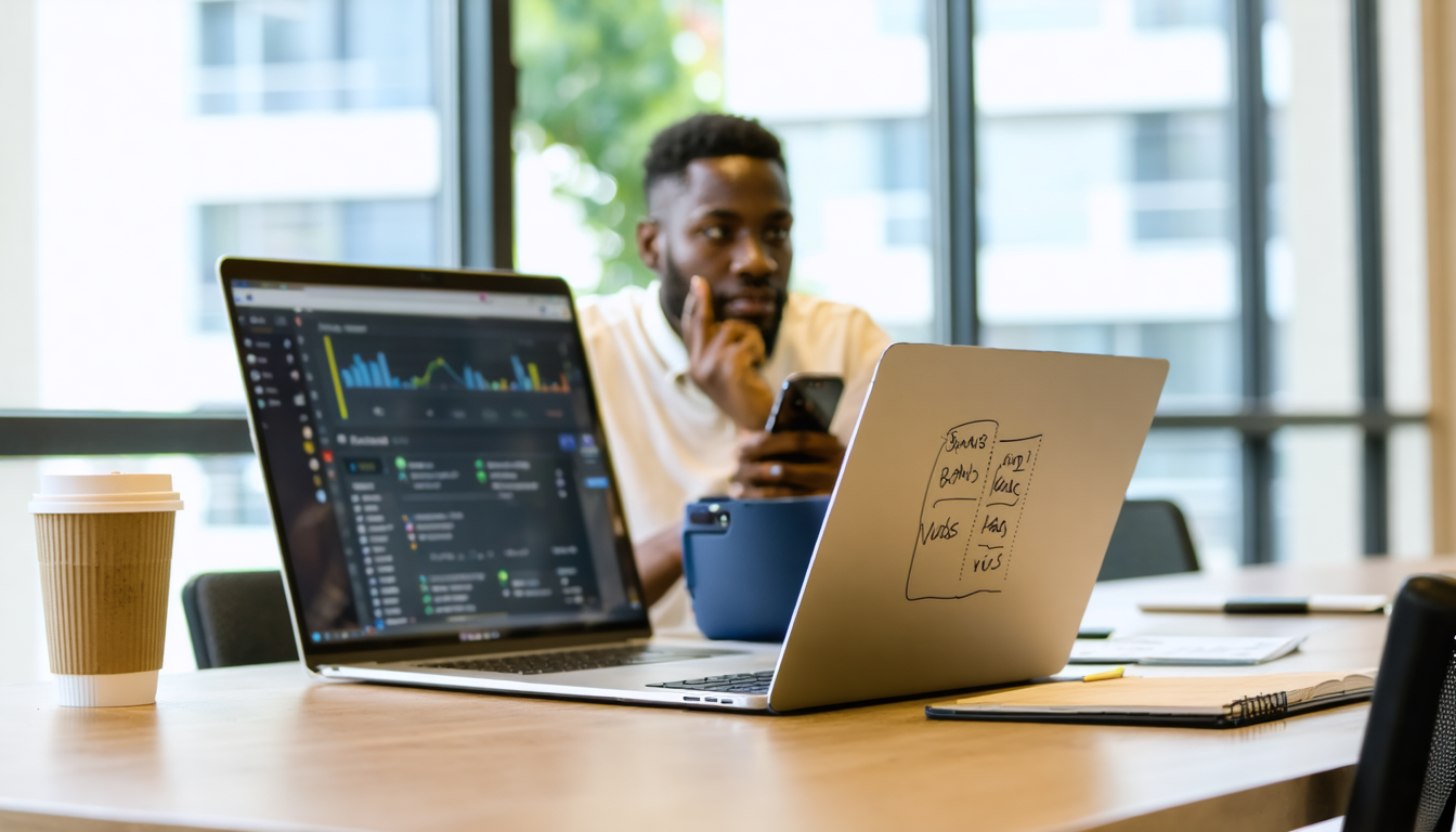 Freelancer reviewing remittance setup on phone and laptop in Lagos co-working space