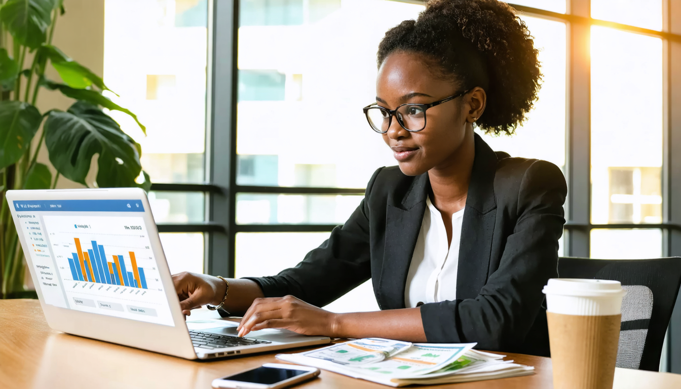 A woman at a desk reviewing bank statements and comparing dollar transfer options