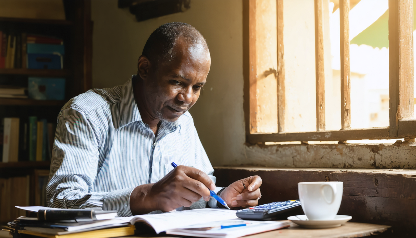 Small-business owner reviewing a loan application on smartphone in a Nairobi office, golden afternoon light