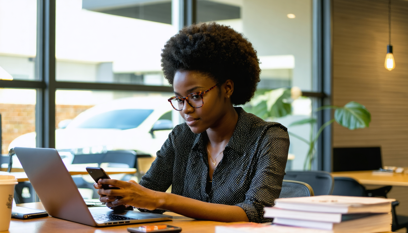 Kenyan woman reviewing BNPL loan notifications on her phone at a co-working desk