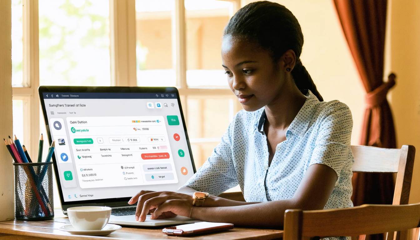Woman reviewing remittance details on laptop at home office desk in Nairobi