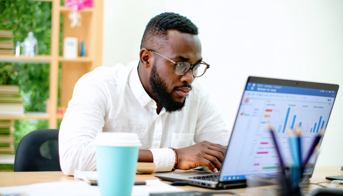 Kenyan freelancer reviewing dollar income and tax records at a laptop in a home office.