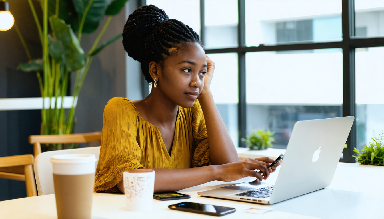 A woman in a Nairobi co-working space comparing loan apps on her phone and laptop