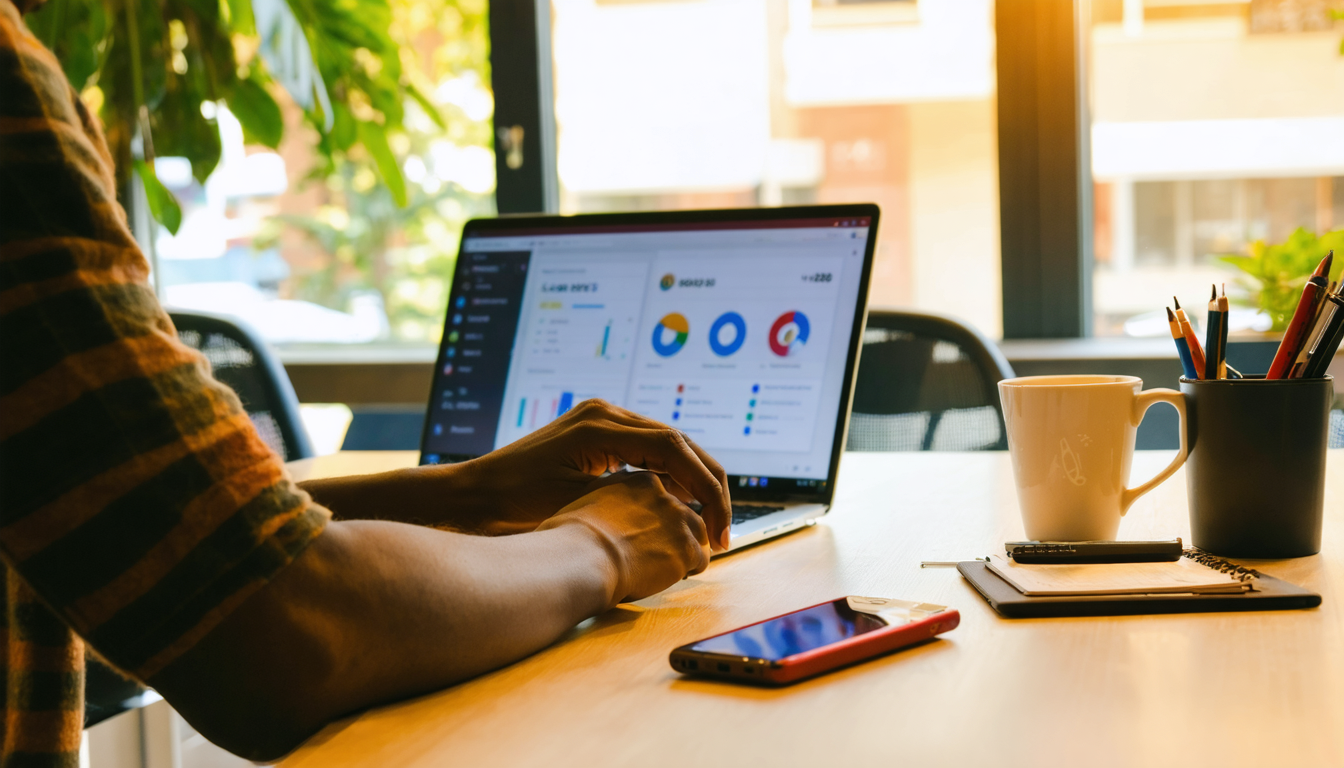Freelancer in Nairobi co-working space reviewing dollar transfer on smartphone and laptop