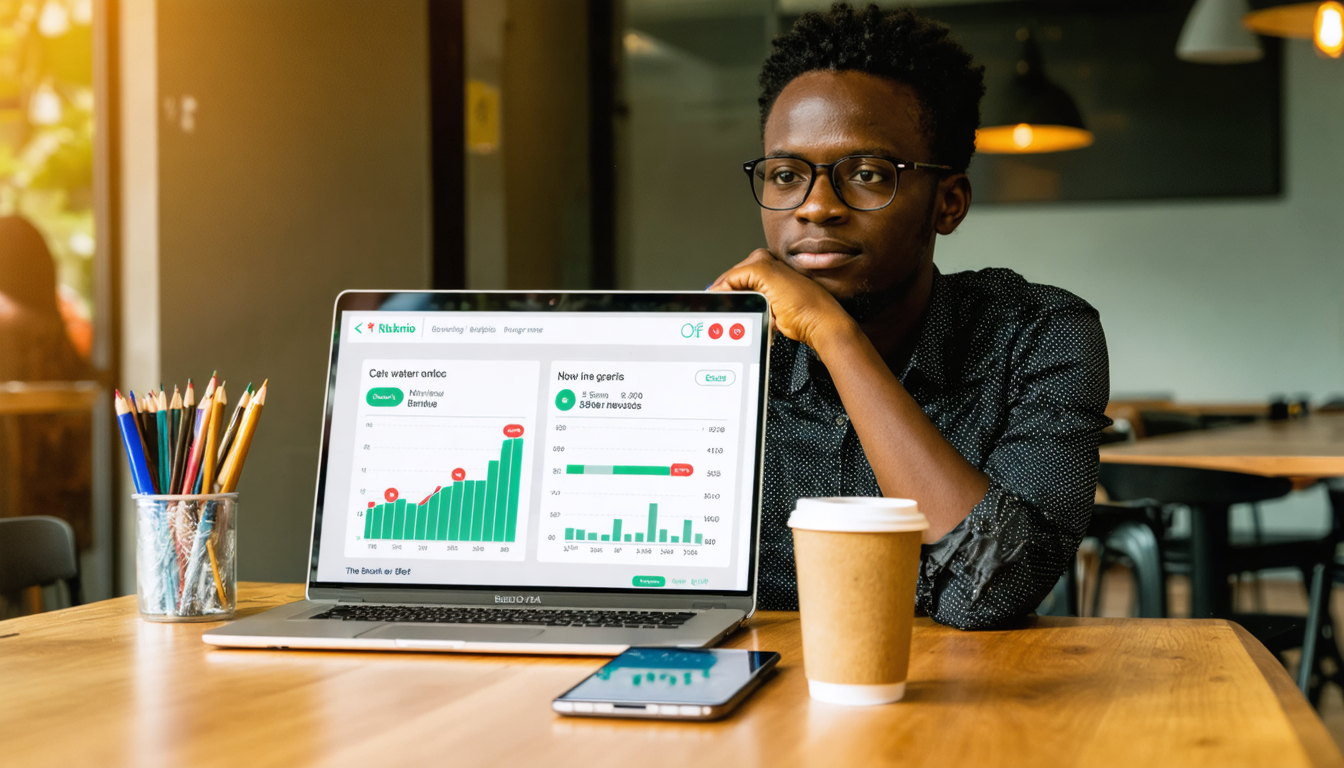 A Nairobi professional reviews currency data on laptop and phone in a bright cafe, considering USD and shilling exchange rates.