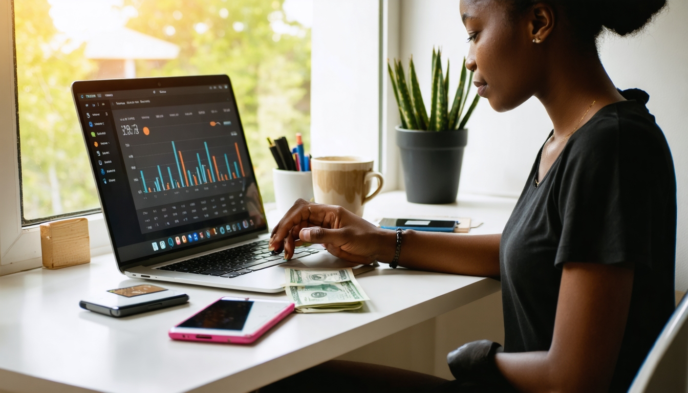 Kenyan freelancer reviewing financial dashboard on laptop in bright home office with afternoon light