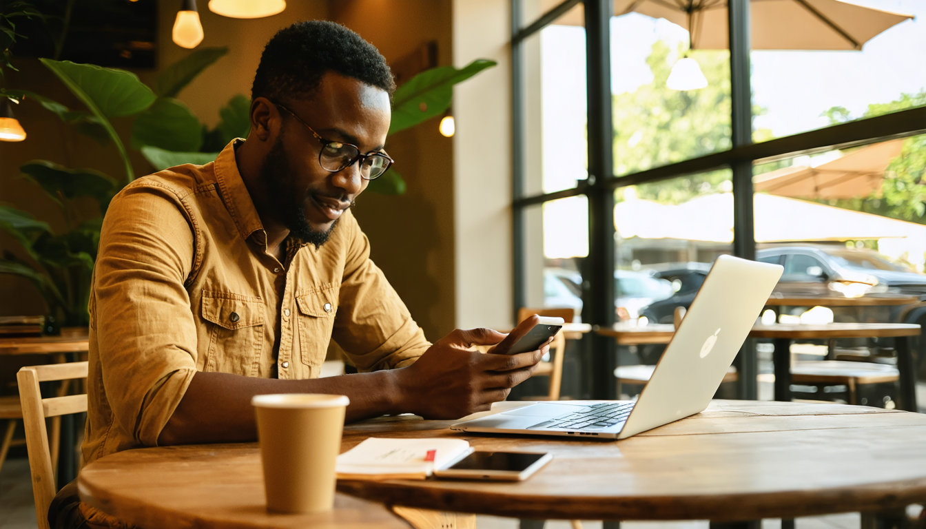 Freelancer in Nairobi cafe checking remittance rates on phone