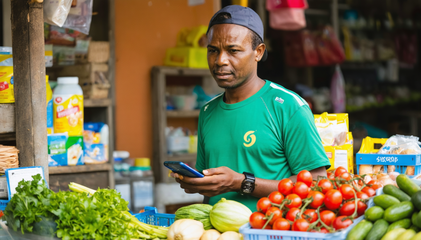Kenyan shop owner checking currency rates on mobile phone at market counter, afternoon light