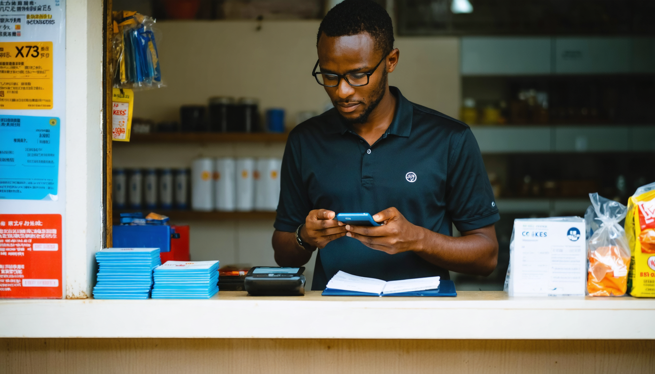 Shop owner reviewing currency conversion on phone at desk in afternoon light