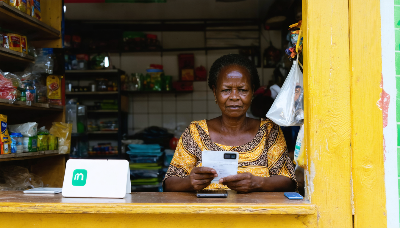 Kenyan shop owner reviewing mobile money payment options on her smartphone
