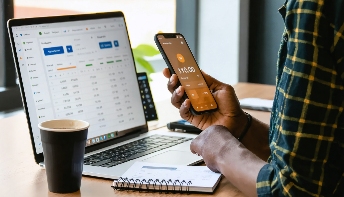 Freelancer reviewing banking app on smartphone at co-working desk with laptop and coffee nearby