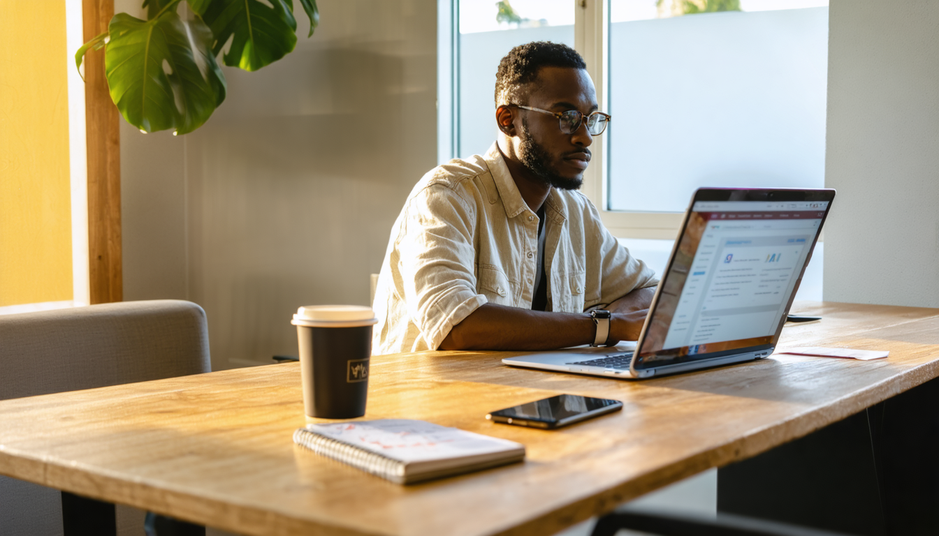 Freelancer reviewing banking costs on laptop in Nairobi co-working space