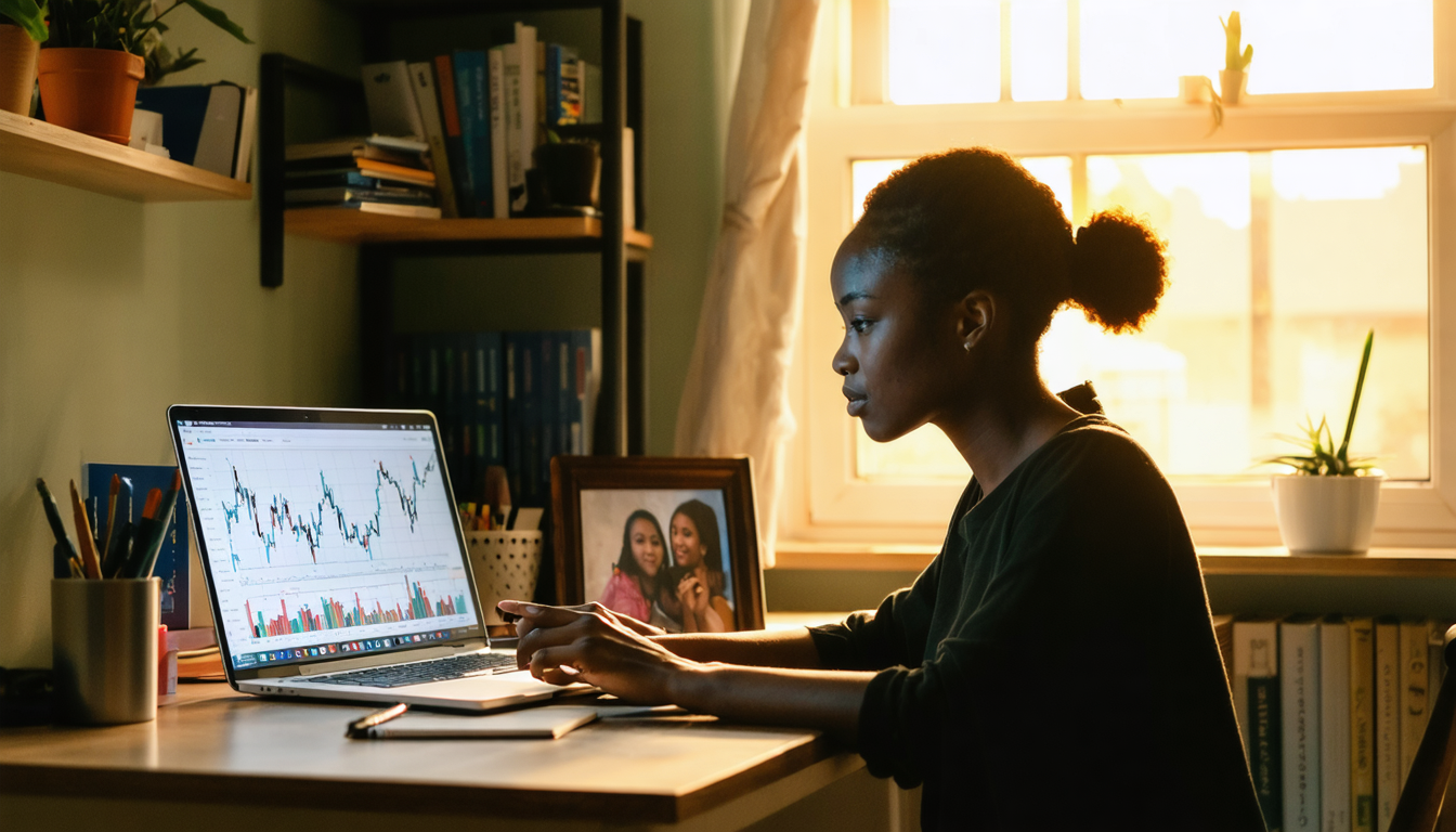 Woman reviewing FX charts on laptop in Nairobi home office, golden afternoon light