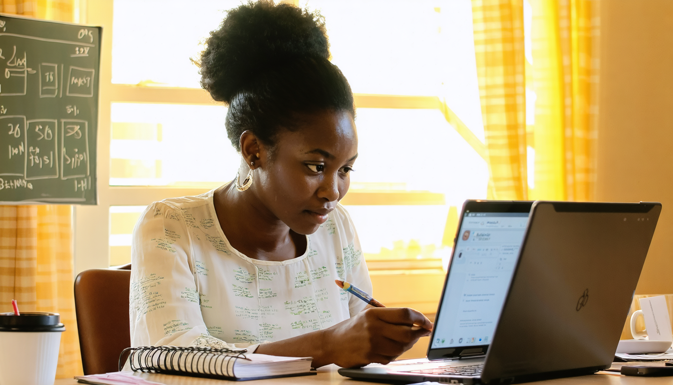 Kenyan woman reviewing mobile banking dashboard at home office desk in afternoon light