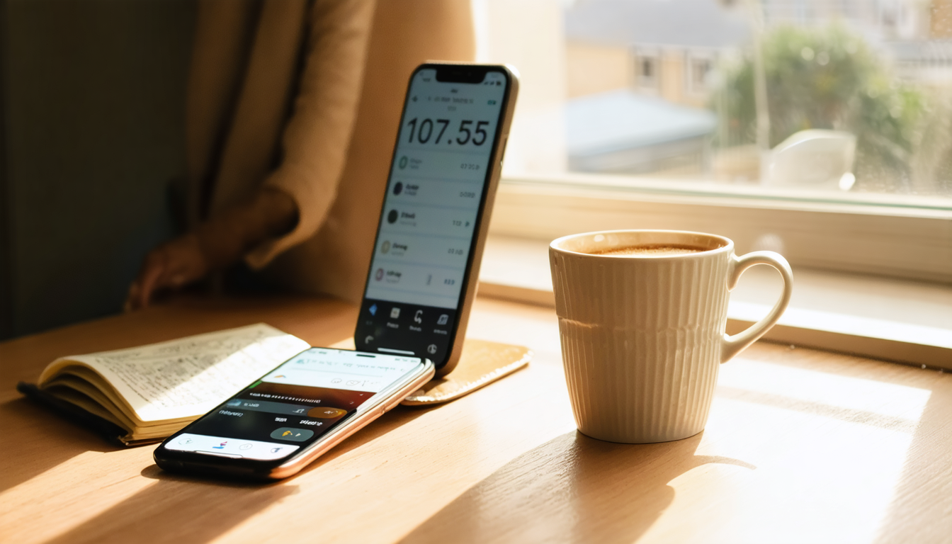 Kenyan freelancer reviewing currency rates on phone at desk in afternoon light