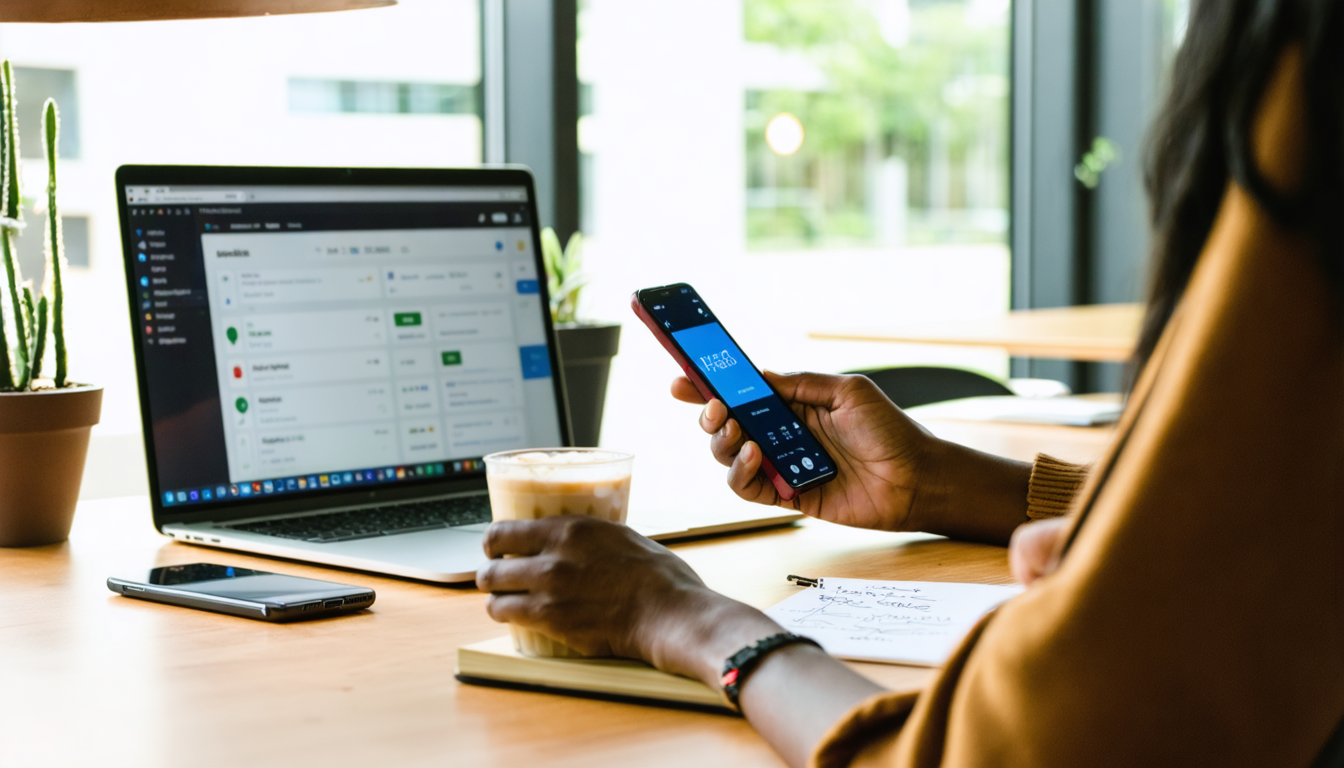 Freelancer reviewing currency rates on smartphone at Nairobi co-working desk, afternoon light