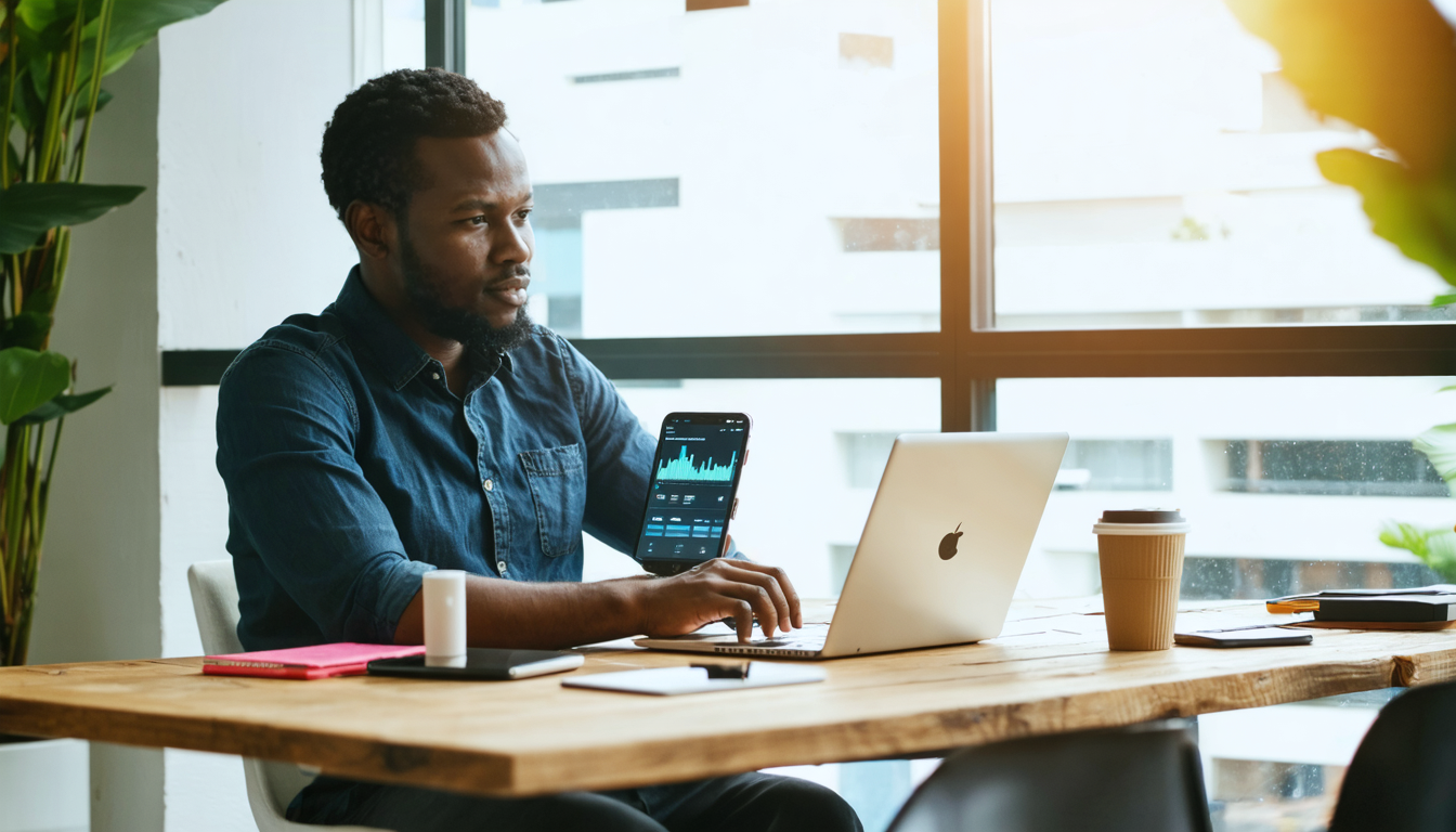 Kenyan business owner reviewing banking dashboard on laptop, contemplating rising loan costs