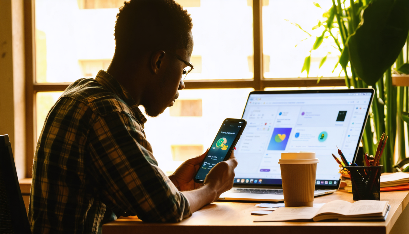 Freelancer reviewing fintech app on smartphone at co-working desk in Nairobi