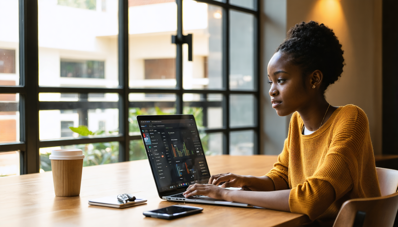 Freelancer in a Nairobi cafe comparing banking dashboards on a laptop.