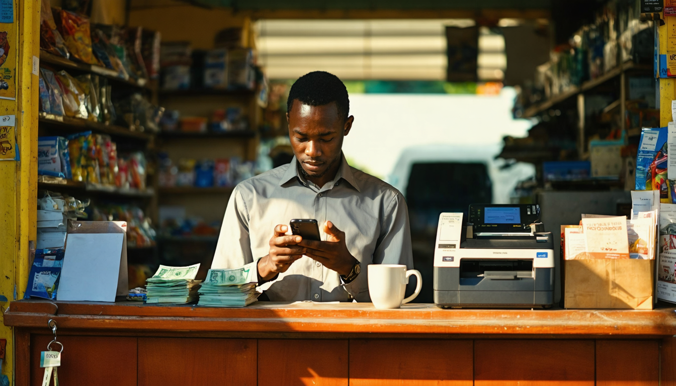 Shop owner reviewing mobile payment dashboard on smartphone behind counter in afternoon light
