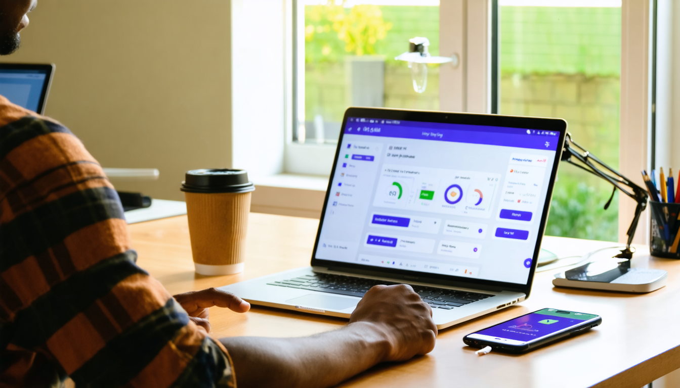 Freelancer in Nairobi office reviewing banking apps on phone and laptop