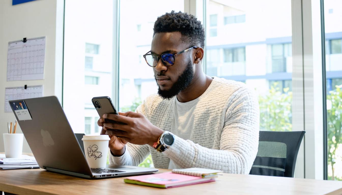 Freelancer in Lagos co-working space reviewing USD transfer on phone with coffee nearby