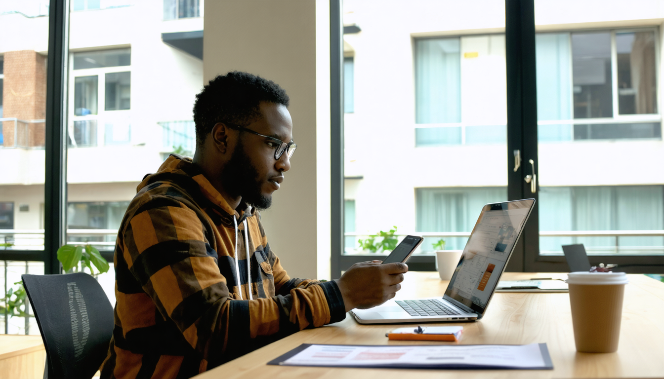 Freelancer at a Lagos co-working desk reviewing a bank transfer on laptop and phone