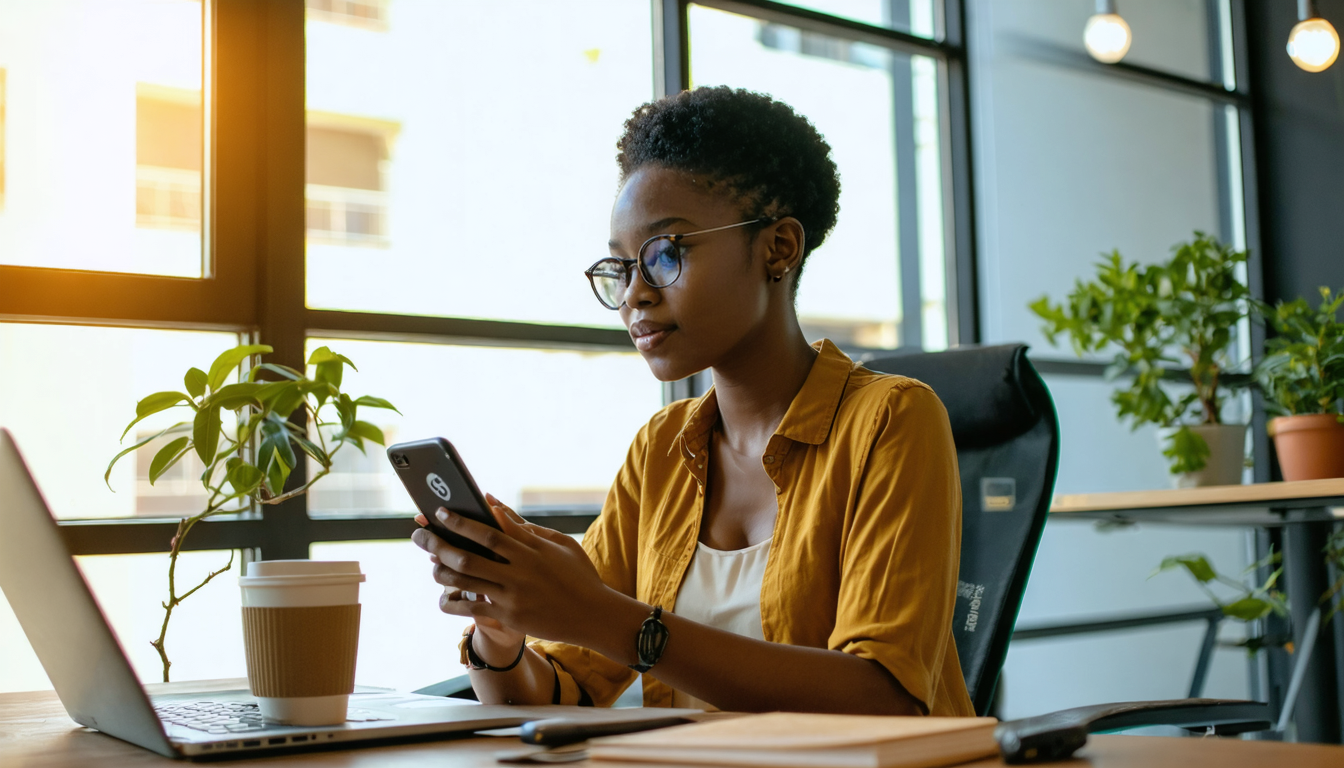 Freelancer reviewing dollar wallet on smartphone in Lagos co-working space