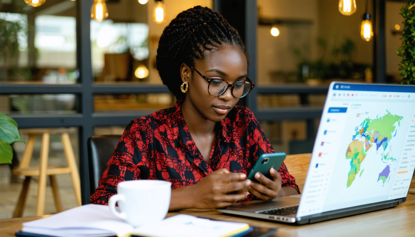 Freelancer reviewing dollar wallet on smartphone at Lagos co-working space with server infrastructure visible on laptop screen