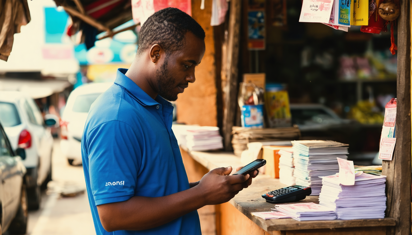 A shop owner in Lagos checking dollar rates on a mobile banking app, concerned about FX availability