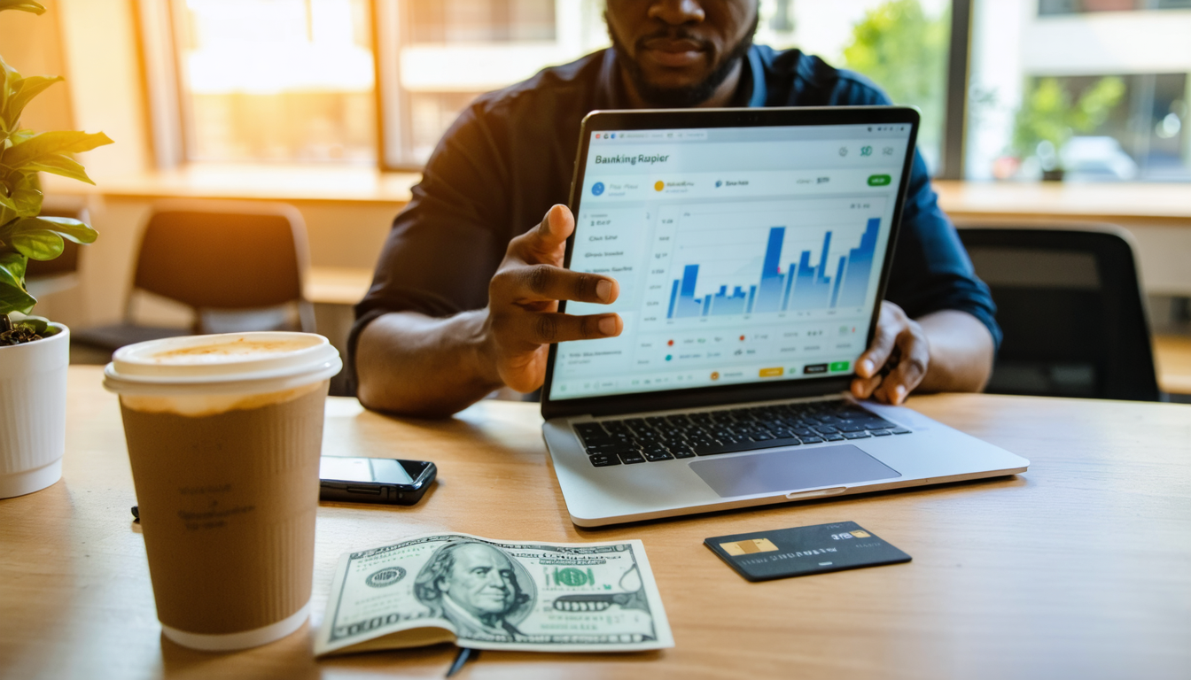 Freelancer reviewing USD balance on phone at Lagos co-working space desk