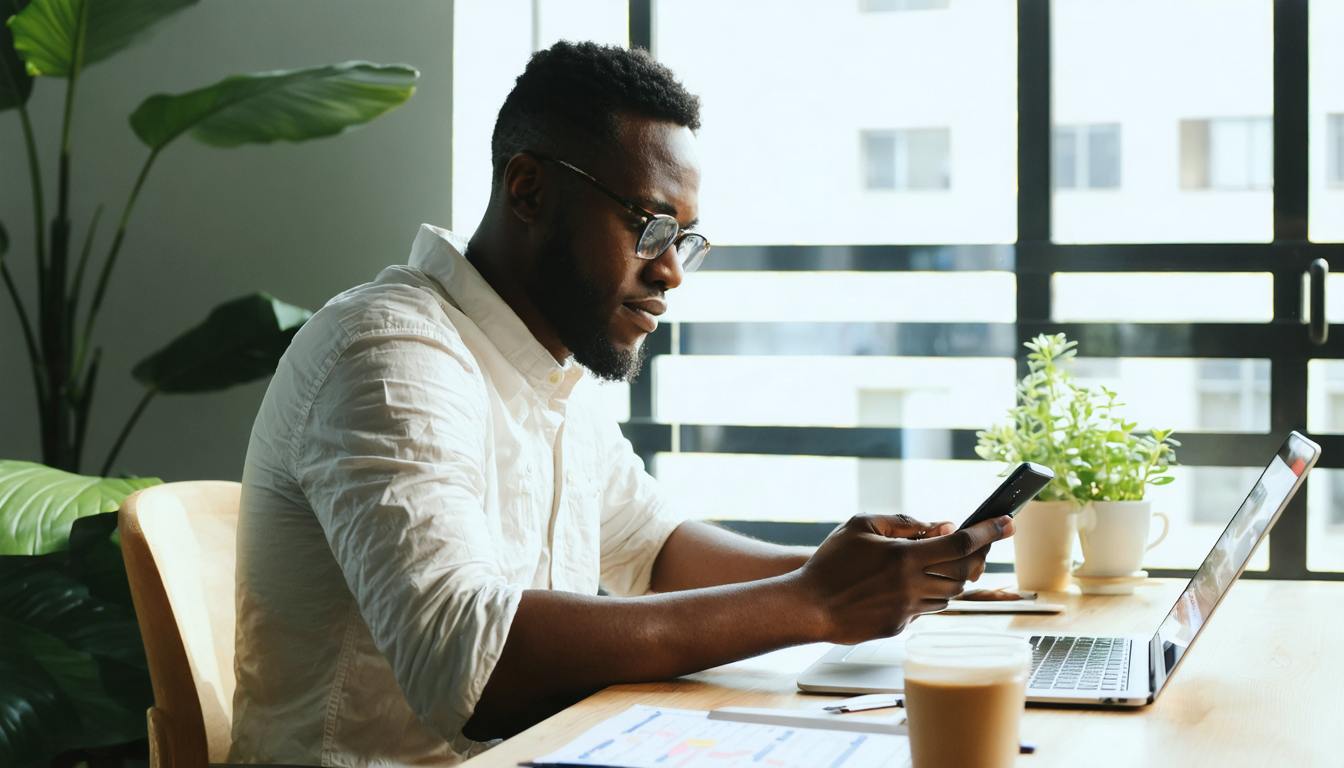 Freelancer reviewing exchange rates on phone in Lagos co-working space
